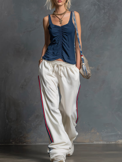 Casual-sporty Navy Blue Pleated Sleeveless Top And White Wide-leg Trousers Set
