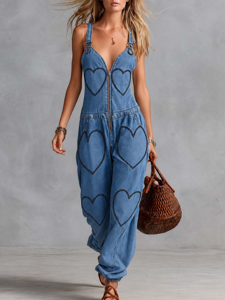 Personality Casual V-neck Front Zipper Heart Embroidery Blue Denim Jumpsuit