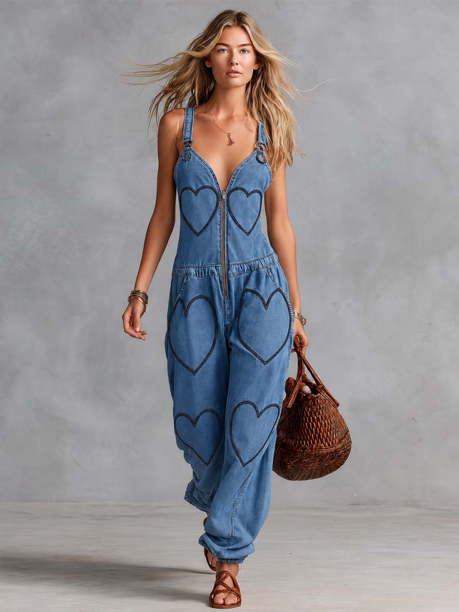 Personality Casual V-neck Front Zipper Heart Embroidery Blue Denim Jumpsuit