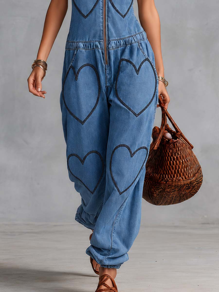 Personality Casual V-neck Front Zipper Heart Embroidery Blue Denim Jumpsuit