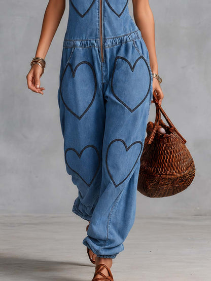 Personality Casual V-neck Front Zipper Heart Embroidery Blue Denim Jumpsuit