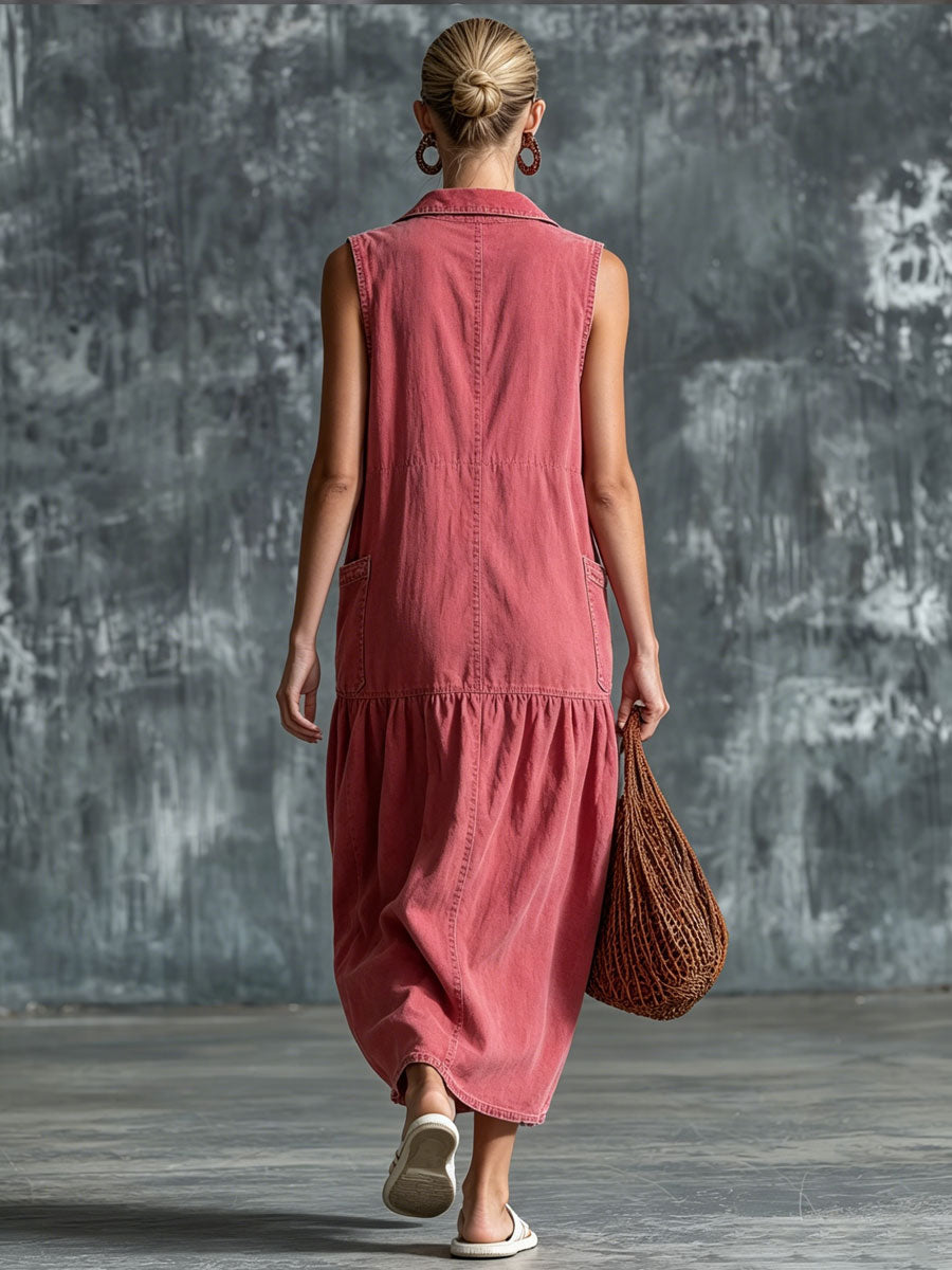 Casual Retro Pink Denim Sleeveless Midi Dress