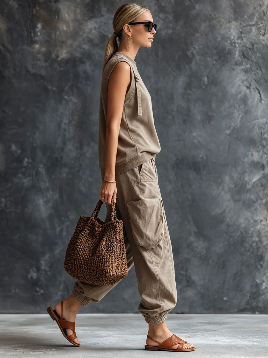 Retro Gray Cotton Sleeveless Sweatshirt And Cargo Pants Set