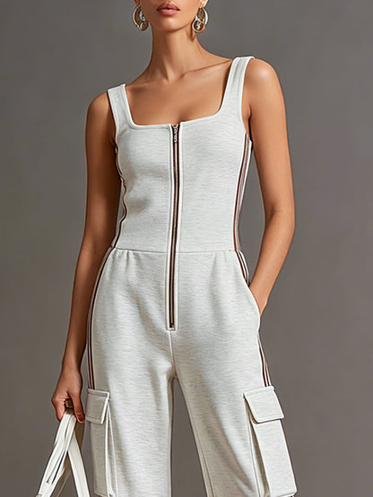 Sporty Retro Striped Webbing Grey And White Cotton Square Neck Zipper Sleeveless Jumpsuit