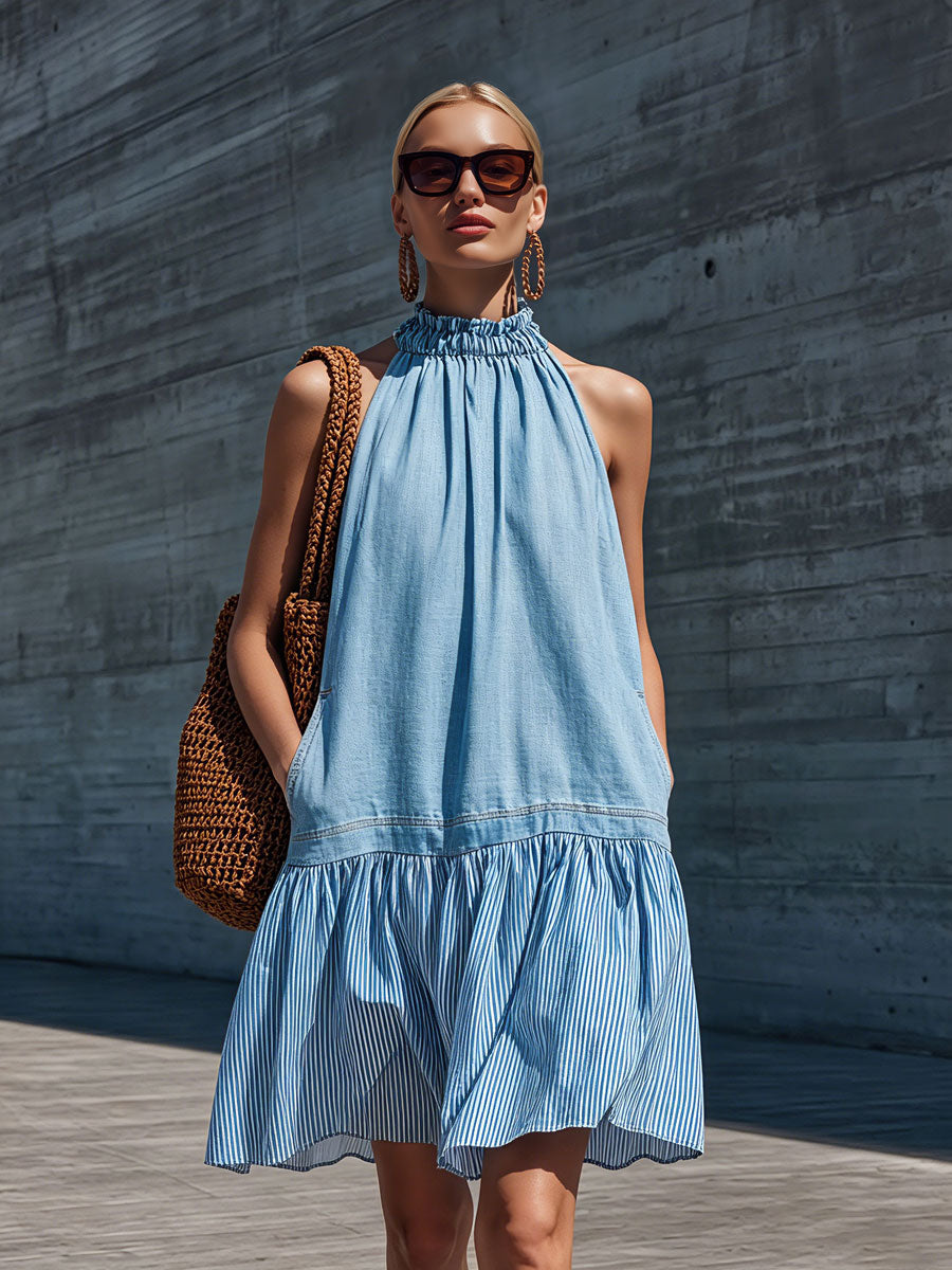 Casual Retro Cotton And Linen Striped Light Blue Denim Sleeveless Mini Dress