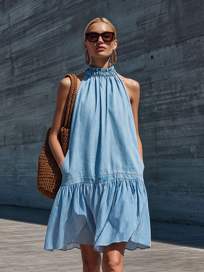Casual Retro Cotton And Linen Striped Light Blue Denim Sleeveless Mini Dress