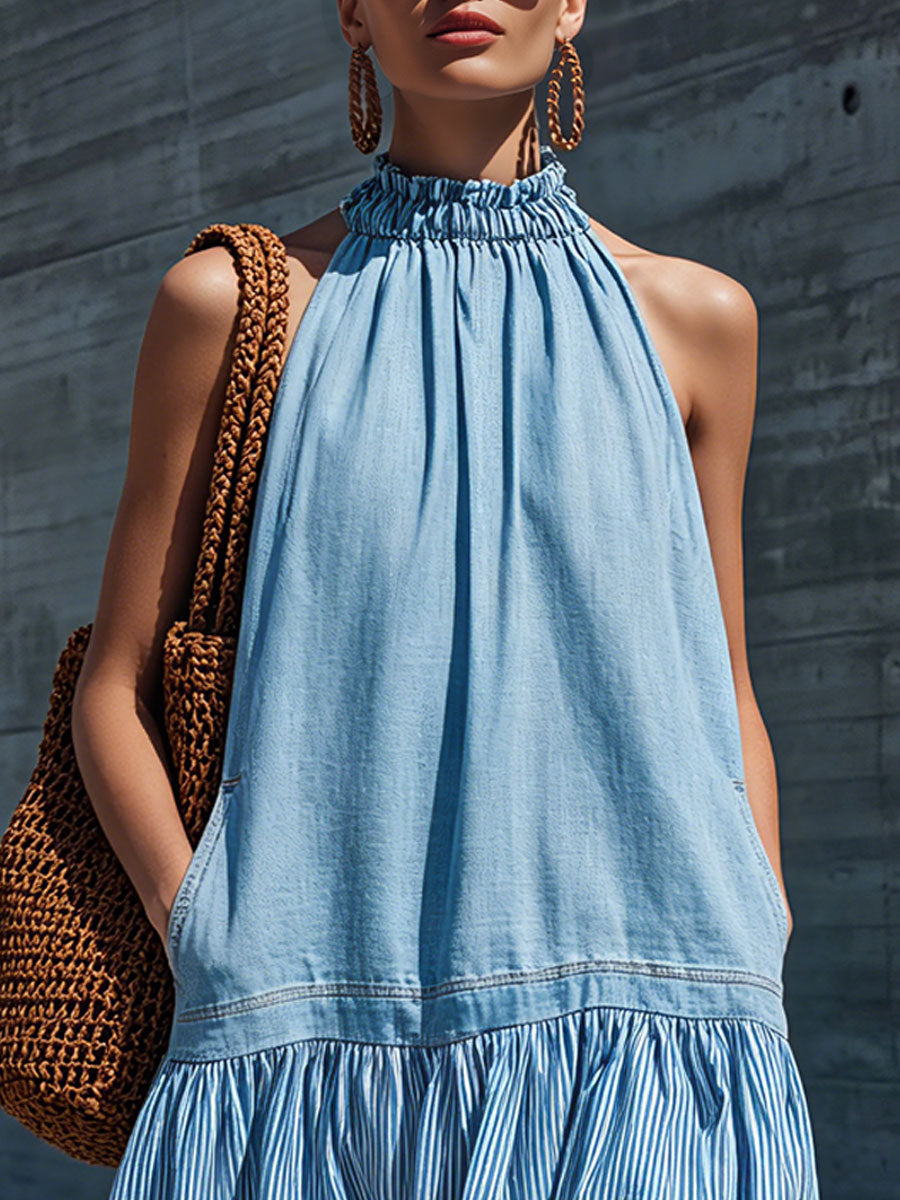 Casual Retro Cotton And Linen Striped Light Blue Denim Sleeveless Mini Dress