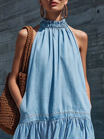 Casual Retro Cotton And Linen Striped Light Blue Denim Sleeveless Mini Dress