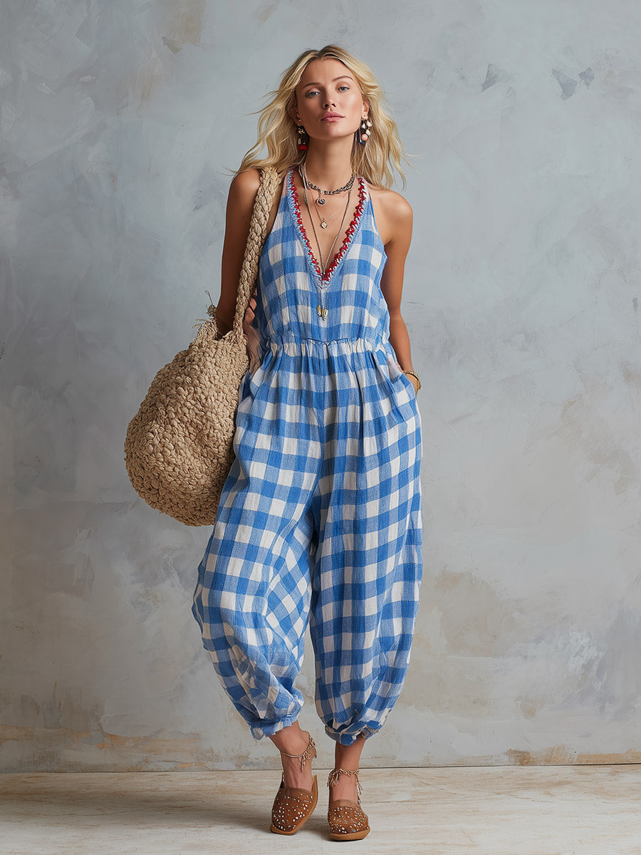 Casual-chic Blue And White Checkered Loose-fit Cotton-linen Jumpsuit