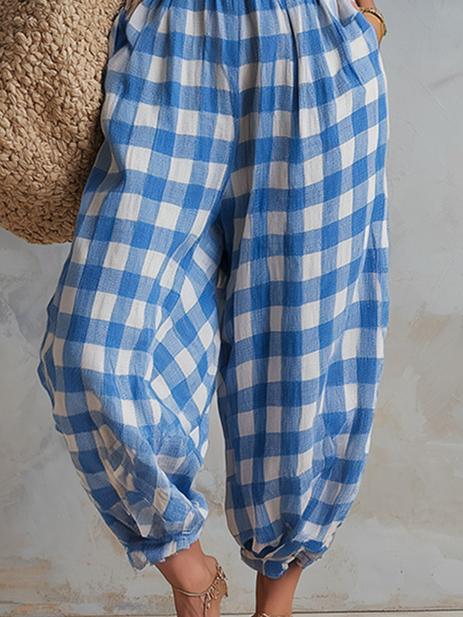 Casual-chic Blue And White Checkered Loose-fit Cotton-linen Jumpsuit