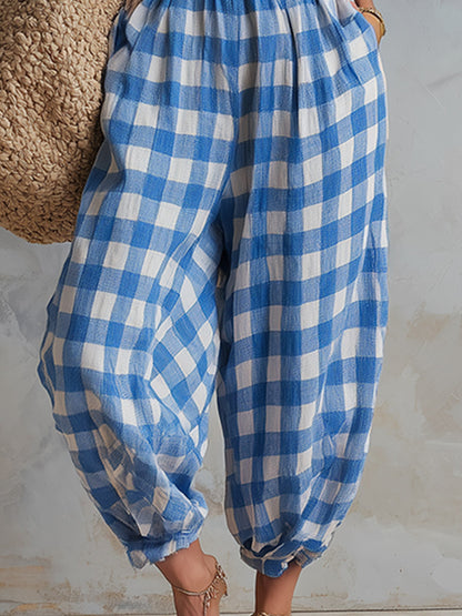 Casual-chic Blue And White Checkered Loose-fit Cotton-linen Jumpsuit