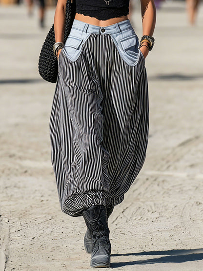 Western Retro Linen Black And White Striped Denim Balloon Pants
