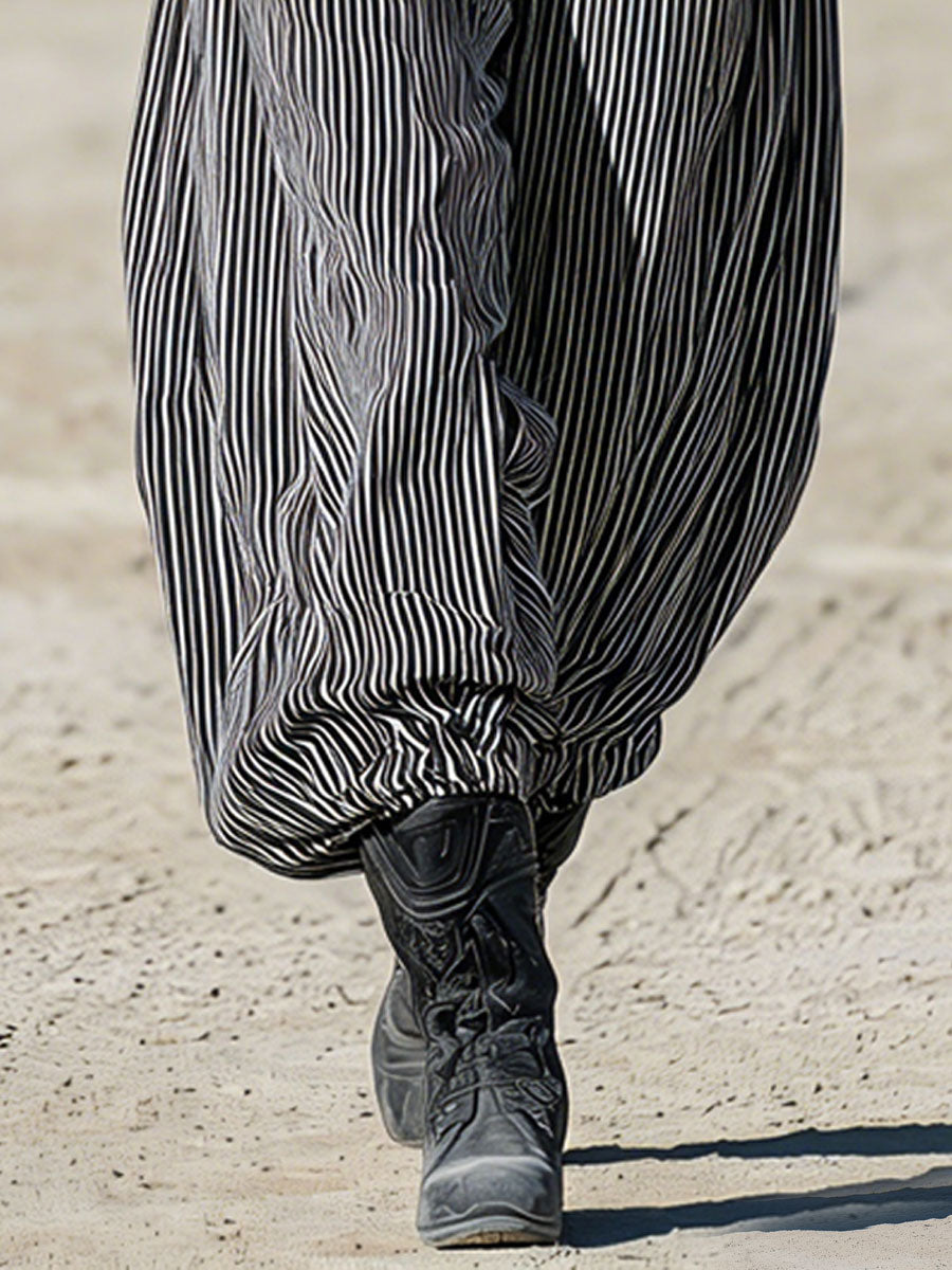 Western Retro Linen Black And White Striped Denim Balloon Pants