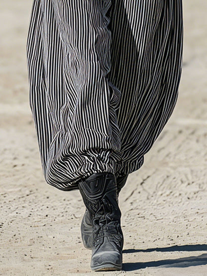 Western Retro Linen Black And White Striped Denim Balloon Pants