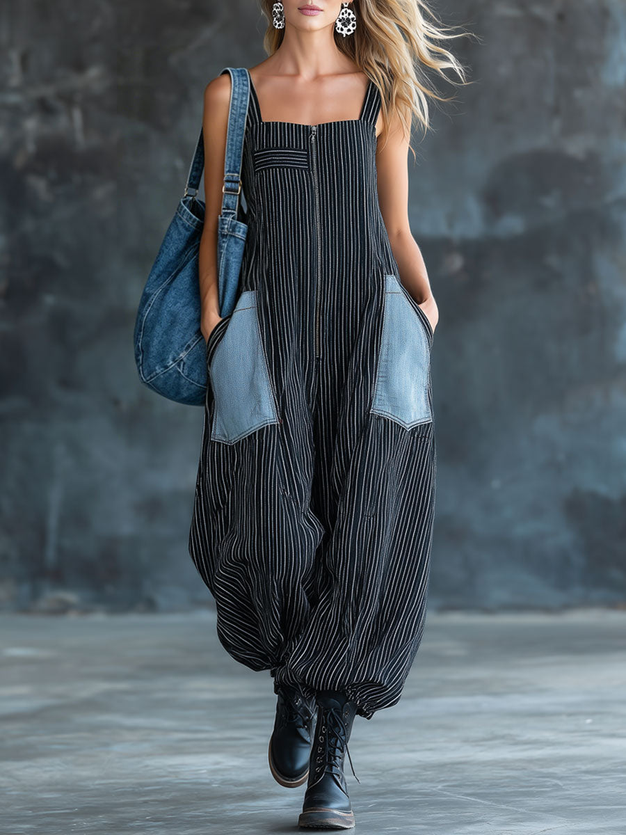 Casual Retro Black And White Striped Denim Sleeveless Zipper Balloon Jumpsuit
