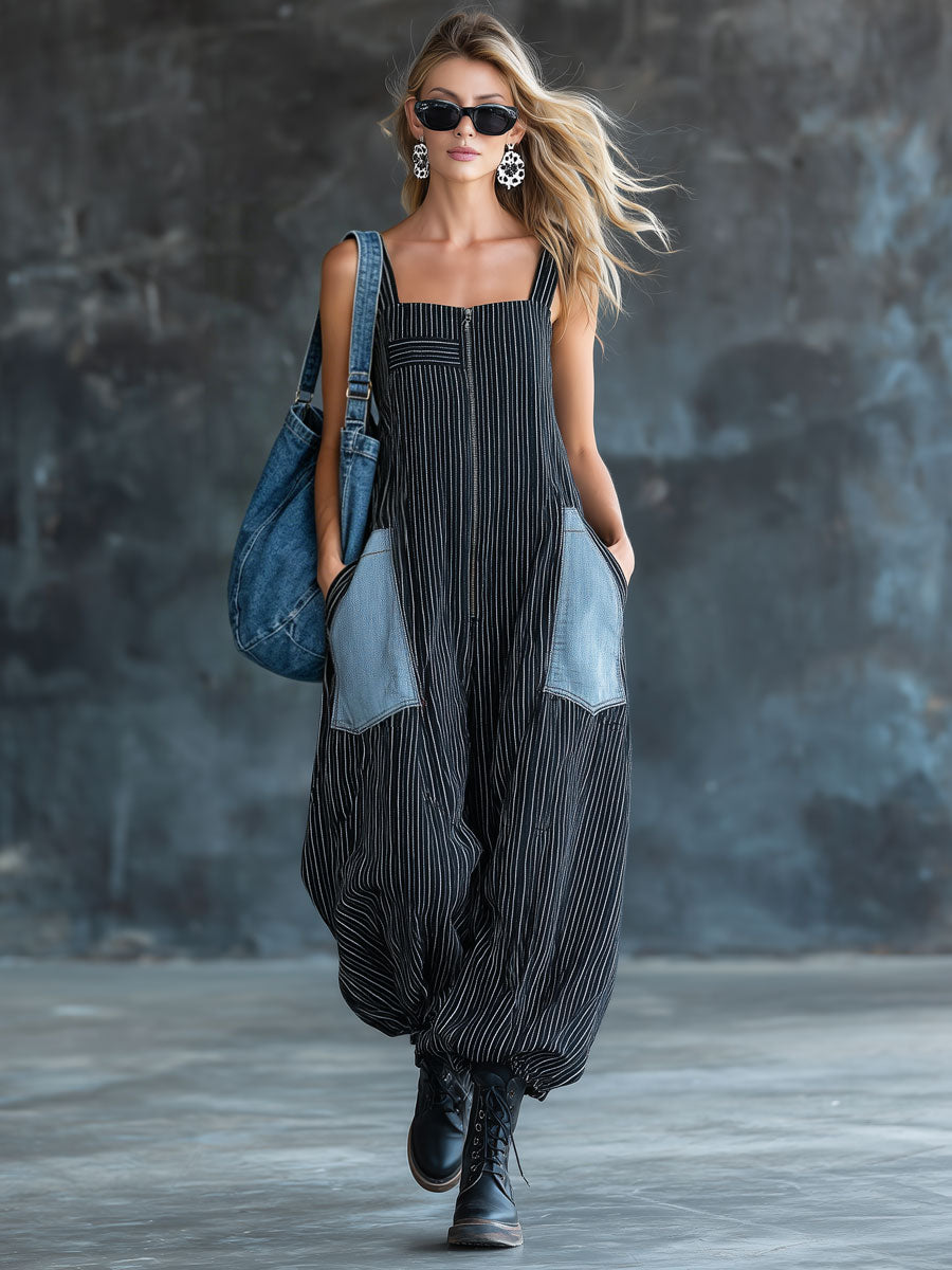 Casual Retro Black And White Striped Denim Sleeveless Zipper Balloon Jumpsuit