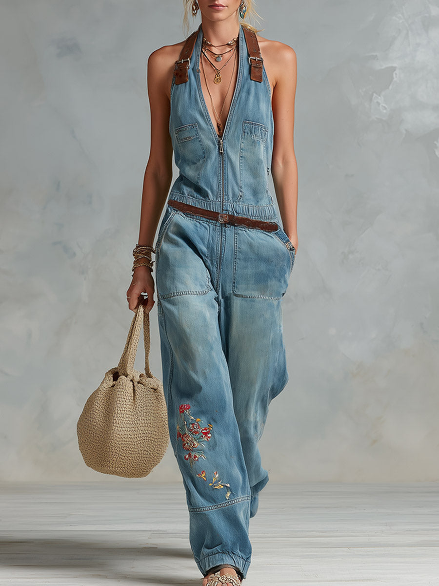 Retro-style PU Shoulder Straps Blue Embroidered Denim Jumpsuit