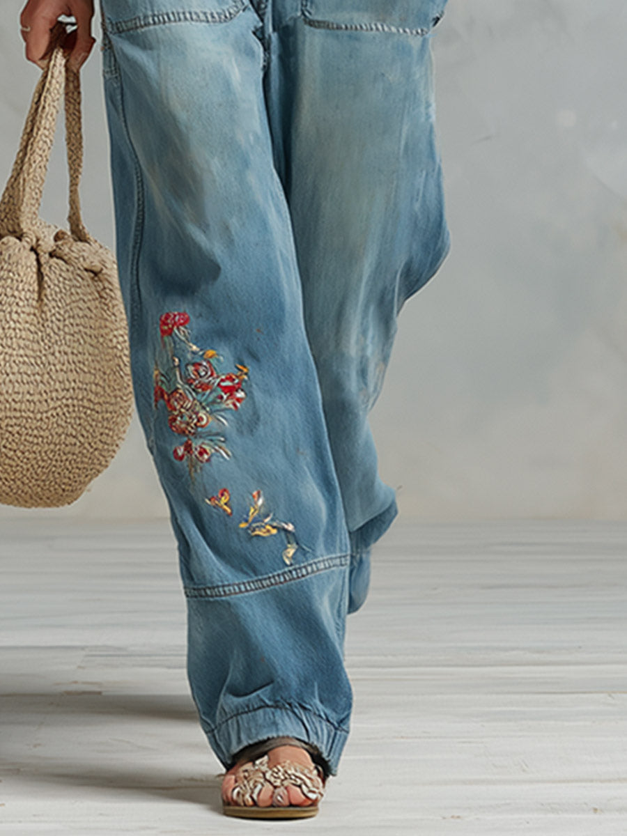 Retro-style PU Shoulder Straps Blue Embroidered Denim Jumpsuit