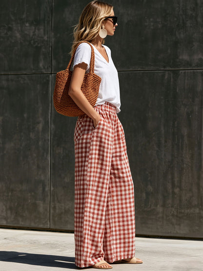 Casual Retro Short-sleeved T-shirt And Red And White Checkered Cotton Linen Pants Set