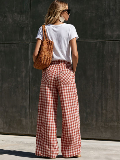 Casual Retro Short-sleeved T-shirt And Red And White Checkered Cotton Linen Pants Set