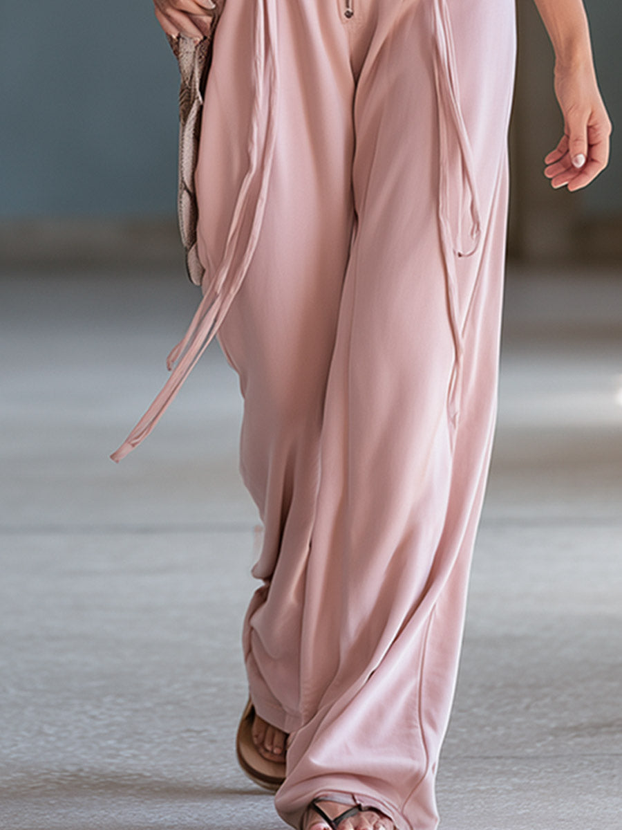 Casual Everyday Sporty Lace-Up Pink Square-Neck Cotton Jumpsuit