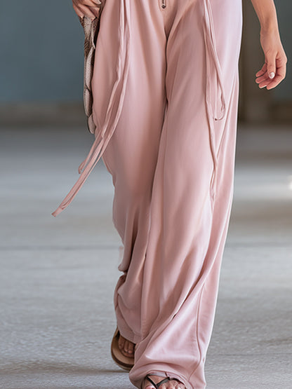 Casual Everyday Sporty Lace-Up Pink Square-Neck Cotton Jumpsuit