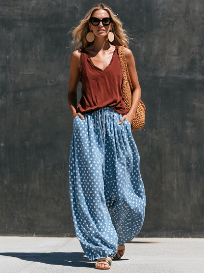 Casual Retro Frayed Brown Vest With Polka Dots And Light Blue Jeans Set
