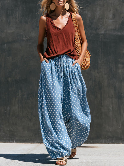 Casual Retro Frayed Brown Vest With Polka Dots And Light Blue Jeans Set