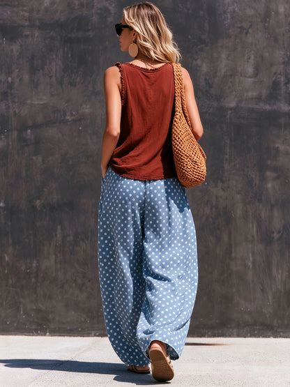 Casual Retro Frayed Brown Vest With Polka Dots And Light Blue Jeans Set