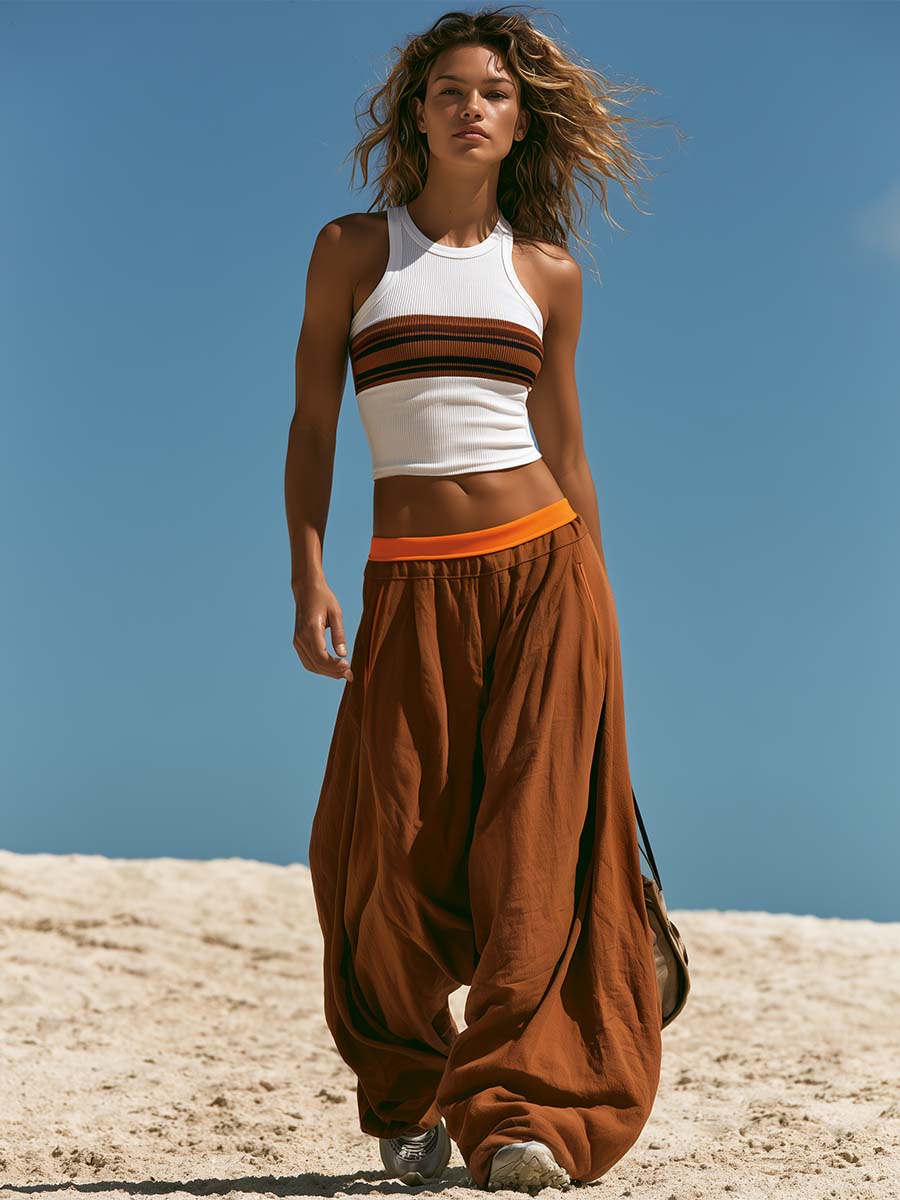 Retro Sports Style Knitted Top And Brown Cotton Pants Set