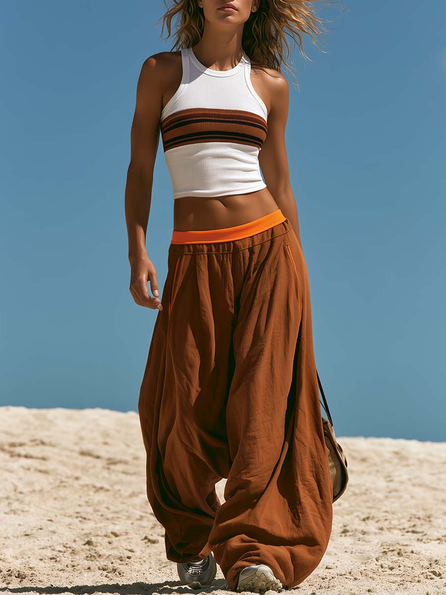 Retro Sports Style Knitted Top And Brown Cotton Pants Set