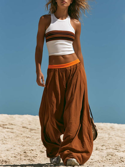 Retro Sports Style Knitted Top And Brown Cotton Pants Set
