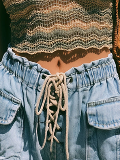 Casual Retro Elastic Waistband Light Blue Denim Cargo Shorts