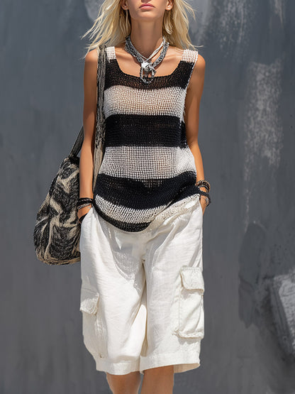 Casual White Striped Breathable Knit Tank Top And Workwear Shorts Set
