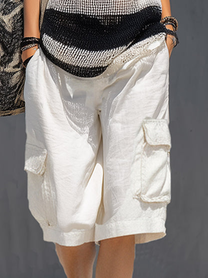Casual White Striped Breathable Knit Tank Top And Workwear Shorts Set