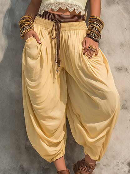 Retro-style Yellow Bohemian-inspired Top And Balloon-cut Cropped Trousers Set