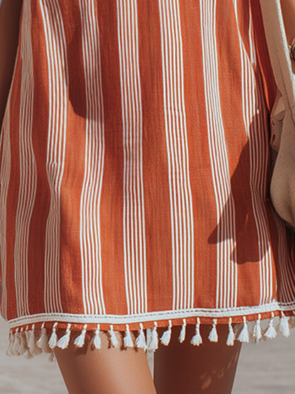 Retro-style Vacation Orange Striped Tassel Cotton-linen Mini Dress