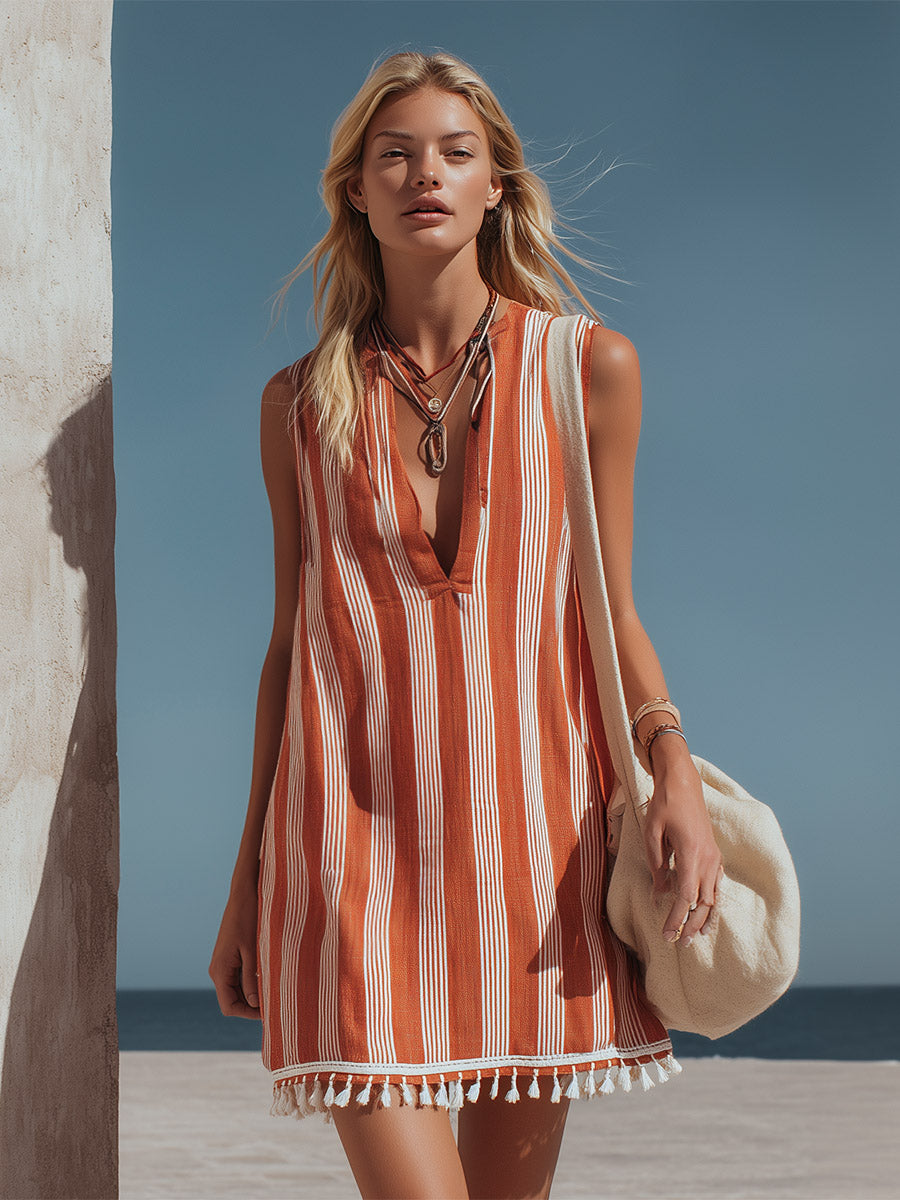 Retro-style Vacation Orange Striped Tassel Cotton-linen Mini Dress