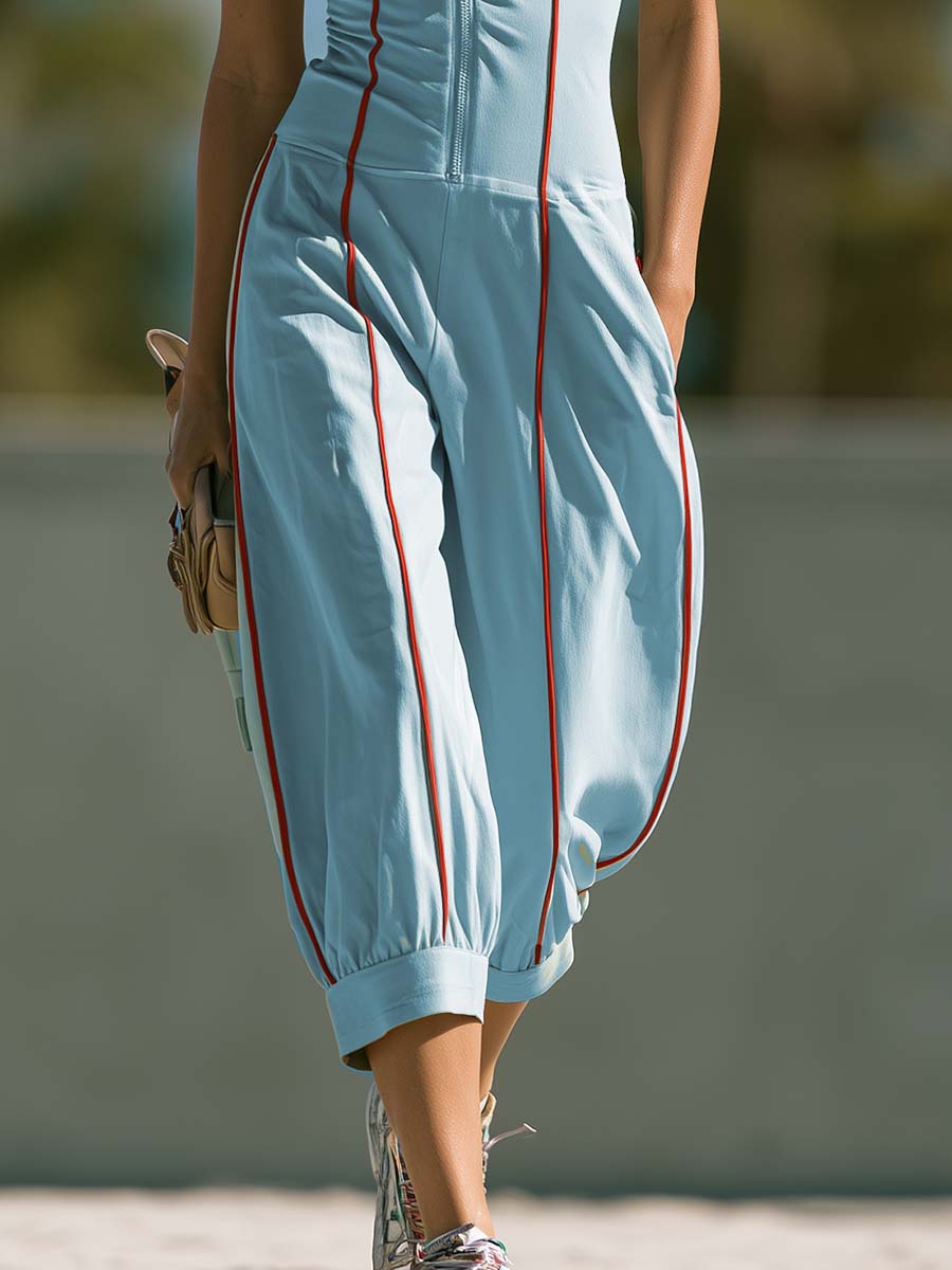 Athleisure Red Trim V-neck Front Zip Light Blue Cotton Jumpsuit