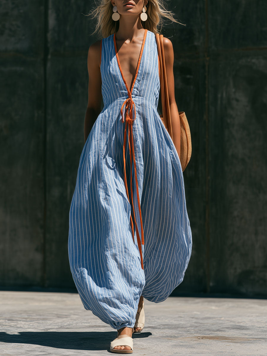 Casual Retro V-neck Tie-up Blue And White Striped Cotton Linen Balloon Jumpsuit