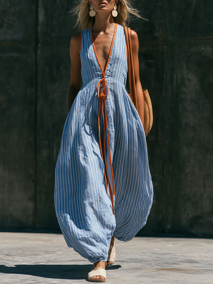 Casual Retro V-neck Tie-up Blue And White Striped Cotton Linen Balloon Jumpsuit