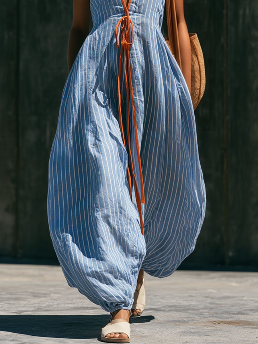Casual Retro V-neck Tie-up Blue And White Striped Cotton Linen Balloon Jumpsuit