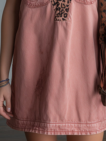 Retro-casual Leopard-print Collar Dusty Pink Denim Mini Dress