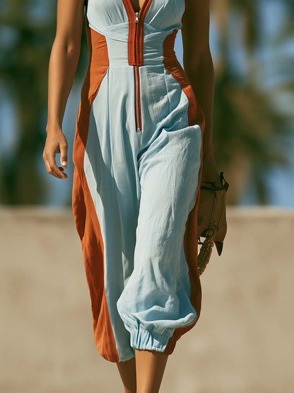 Retro Casual Red Trim V-Neck Front Zipper Light Blue Cotton-Linen Jumpsuit