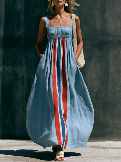 Vacation Retro Color Block Striped Blue Cotton Linen Sleeveless Maxi Dress