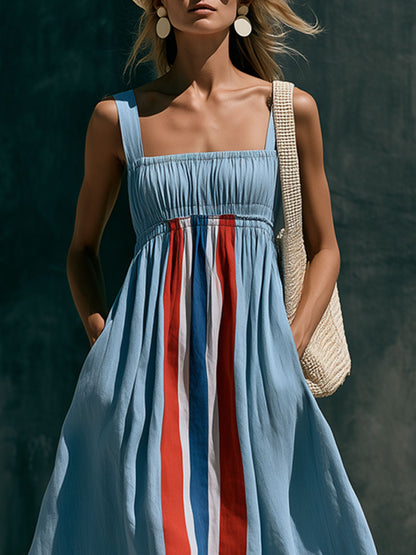 Vacation Retro Color Block Striped Blue Cotton Linen Sleeveless Maxi Dress