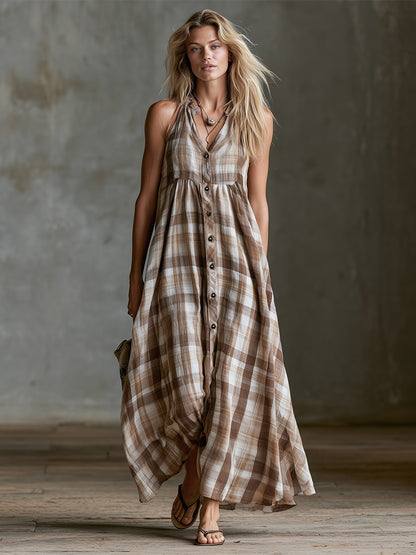 Retro-style Vacation Brown-and-white Check Cotton-linen Maxi Dress