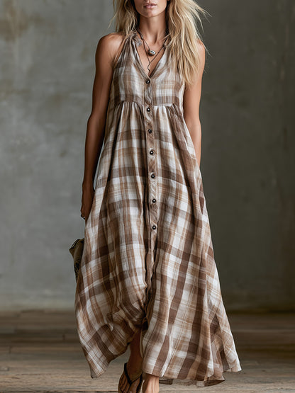 Retro-style Vacation Brown-and-white Check Cotton-linen Maxi Dress