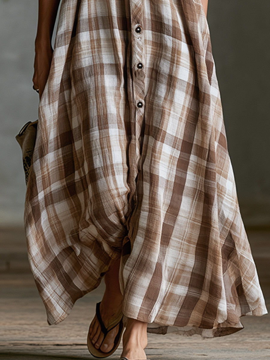 Retro-style Vacation Brown-and-white Check Cotton-linen Maxi Dress