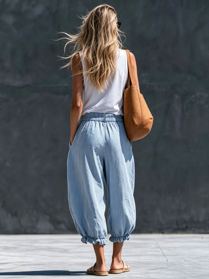 Casual Retro Frayed Top And Light Blue Striped Cotton-linen Cropped Pants Set